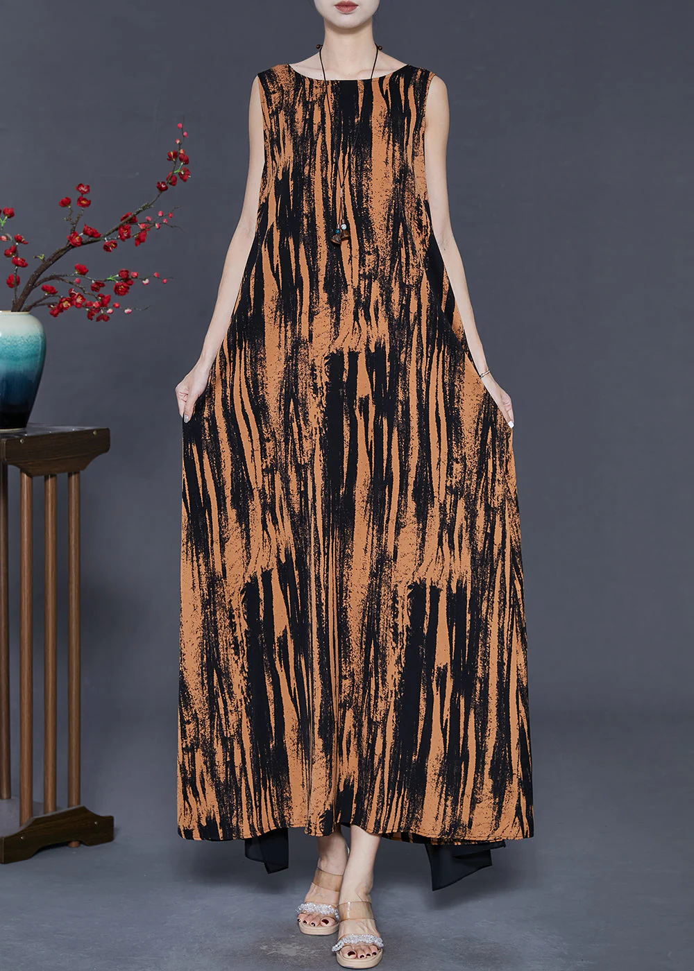 Handmade Orange Oversized Patchwork Chiffon Long Dress Sleeveless - Image 3