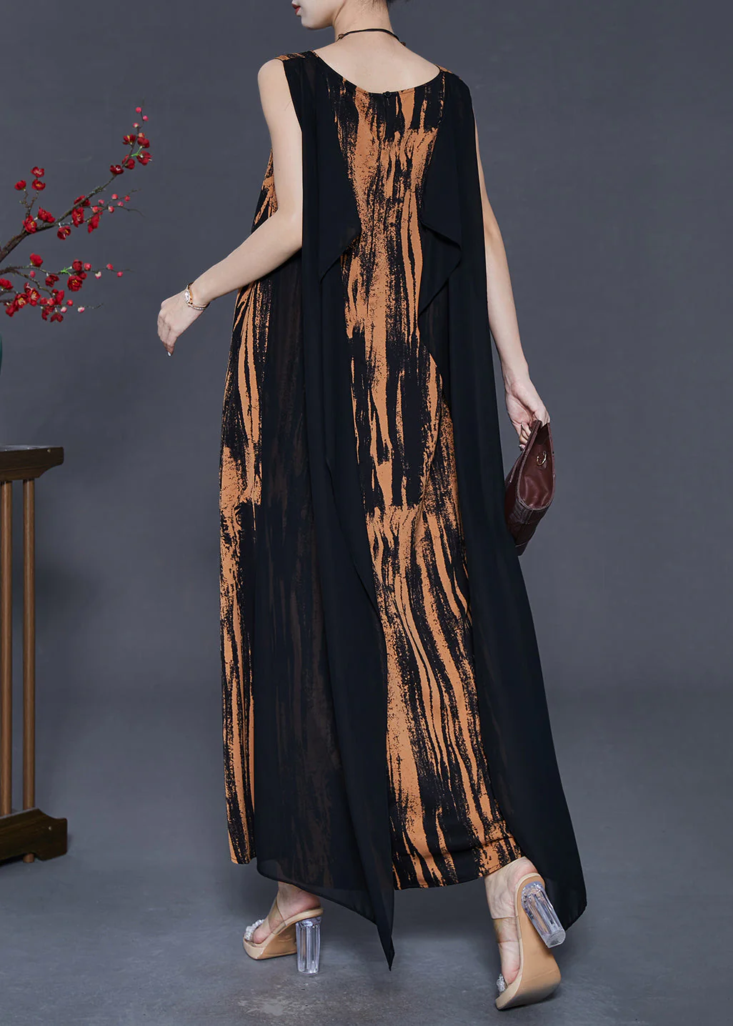 Handmade Orange Oversized Patchwork Chiffon Long Dress Sleeveless - Image 4