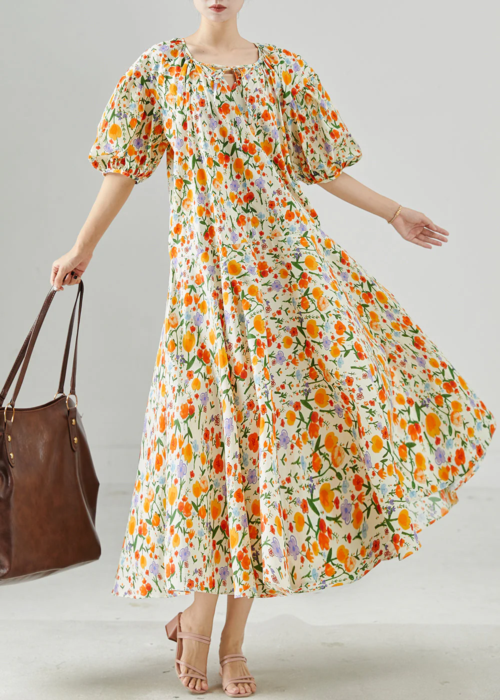 Handmade Orange Oversized Print Cotton Maxi Dress Summer - Image 2