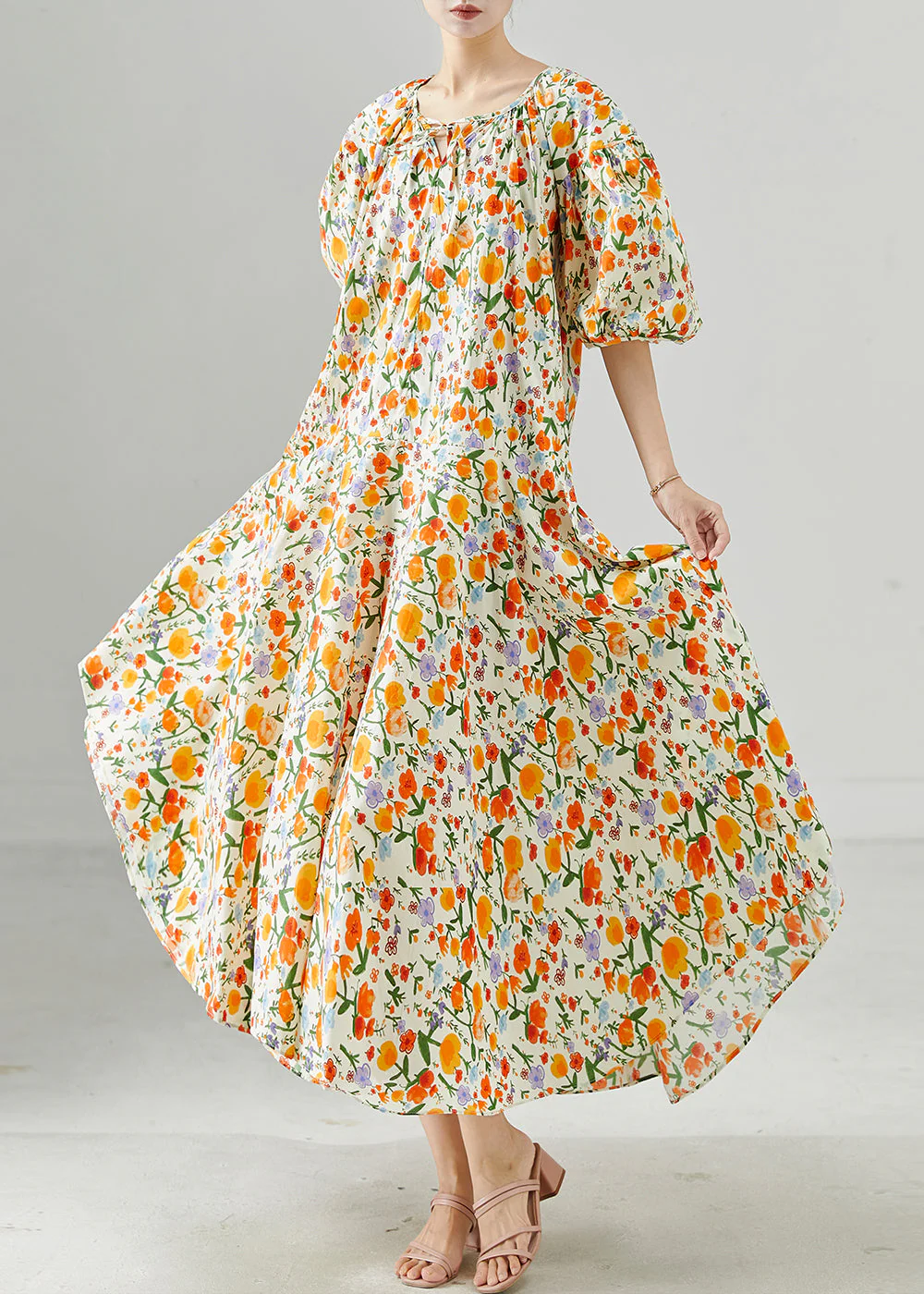 Handmade Orange Oversized Print Cotton Maxi Dress Summer - Image 3