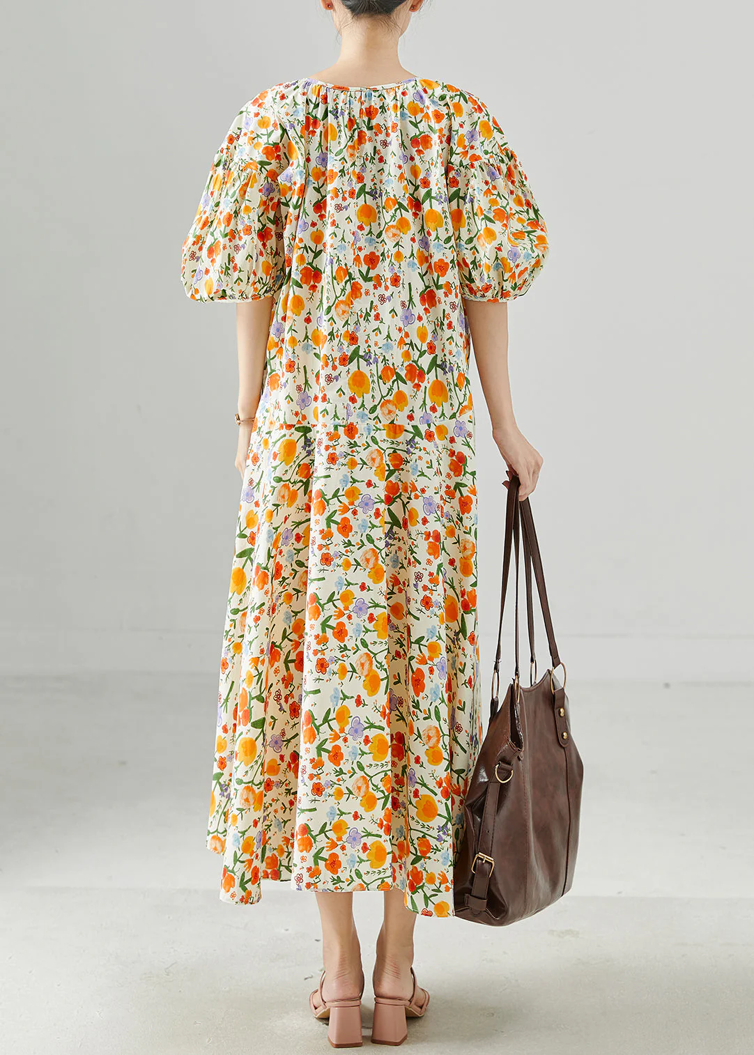 Handmade Orange Oversized Print Cotton Maxi Dress Summer - Image 4