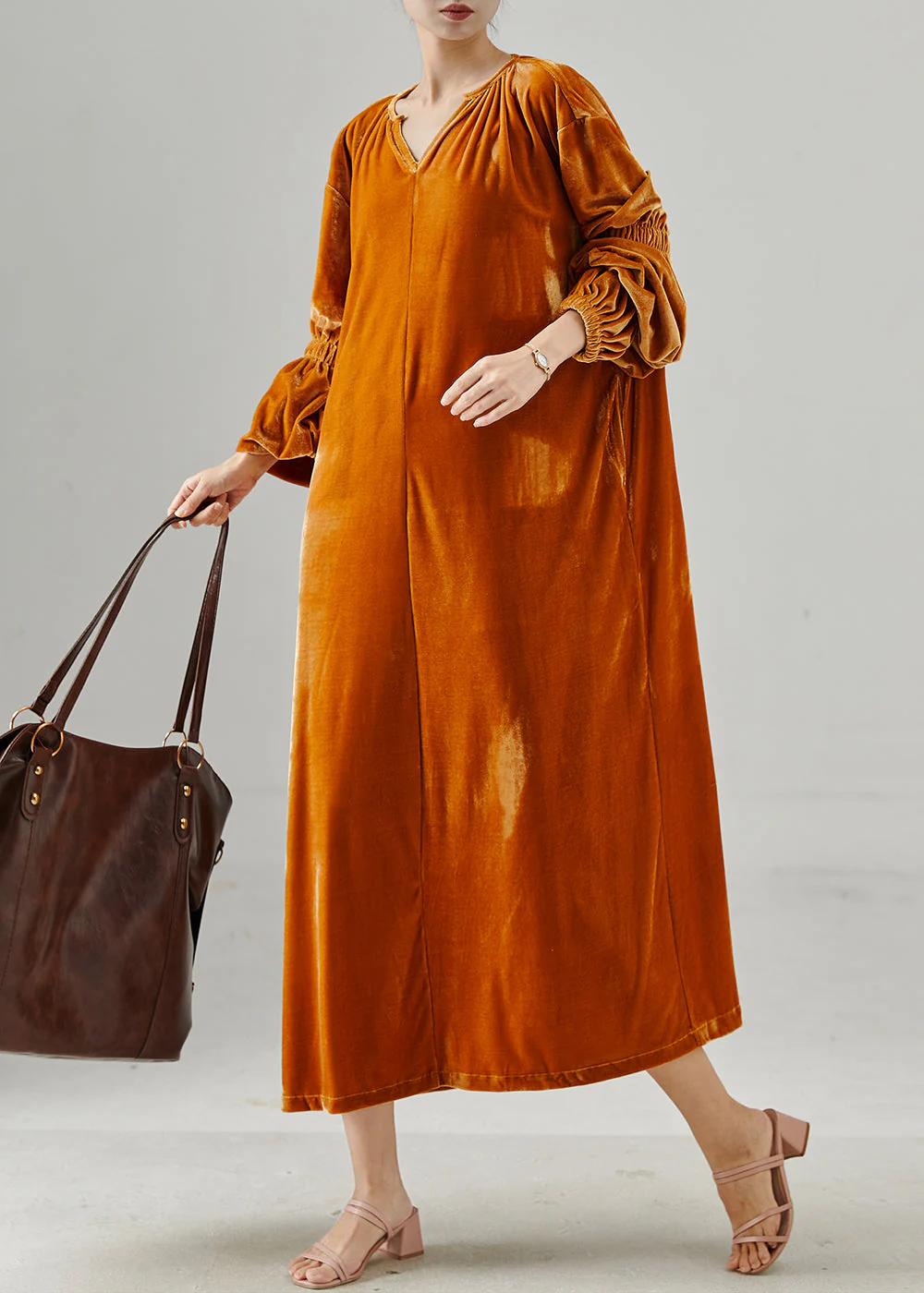 Handmade Orange Oversized Silk Velvet Long Dresses Lantern Sleeve - Image 2