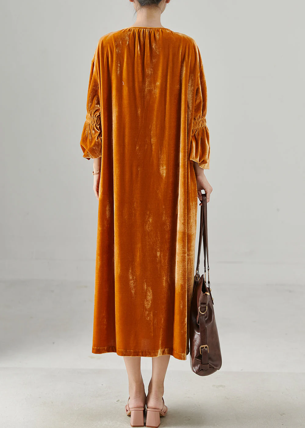 Handmade Orange Oversized Silk Velvet Long Dresses Lantern Sleeve - Image 3