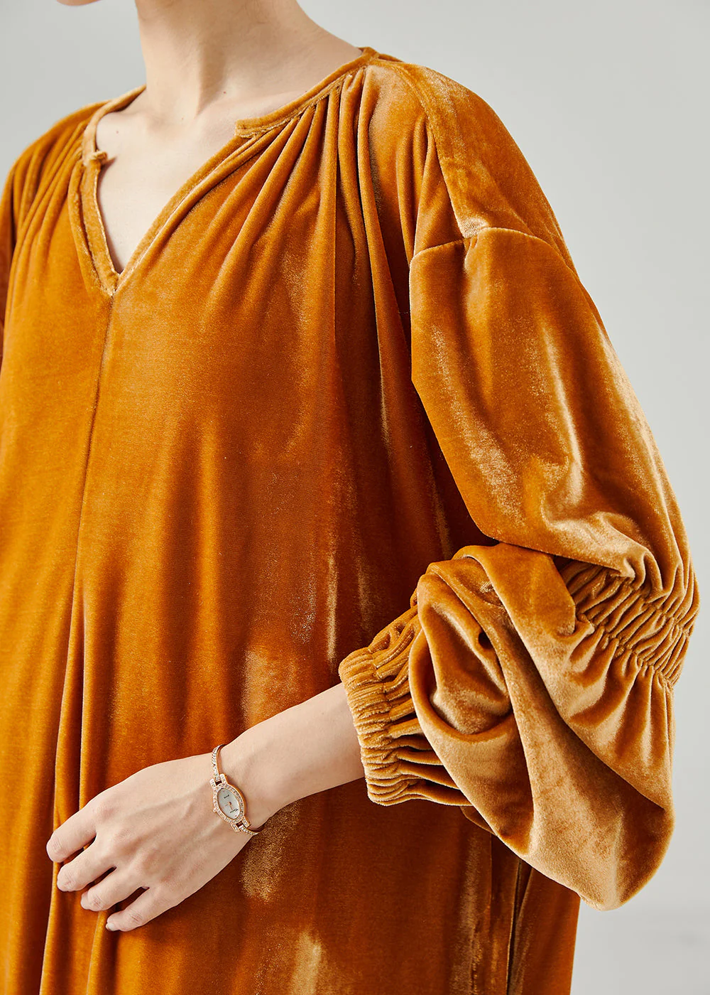 Handmade Orange Oversized Silk Velvet Long Dresses Lantern Sleeve - Image 4