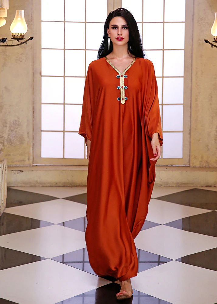 Handmade Orange Patchwork Button Vacation Maxi Dresses Fall - Image 2