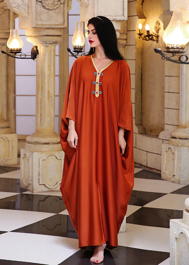 Handmade Orange Patchwork Button Vacation Maxi Dresses Fall - Image 3
