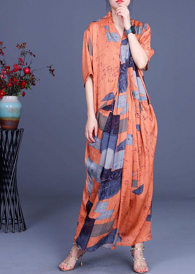 Handmade Orange Print asymmetrical design Loose Long Summer Dress - Image 3