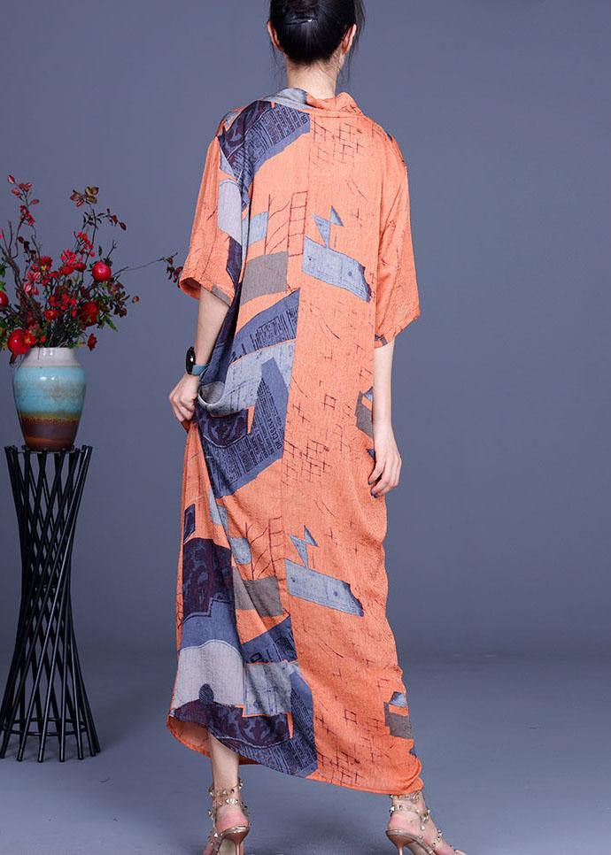 Handmade Orange Print asymmetrical design Loose Long Summer Dress - Image 4