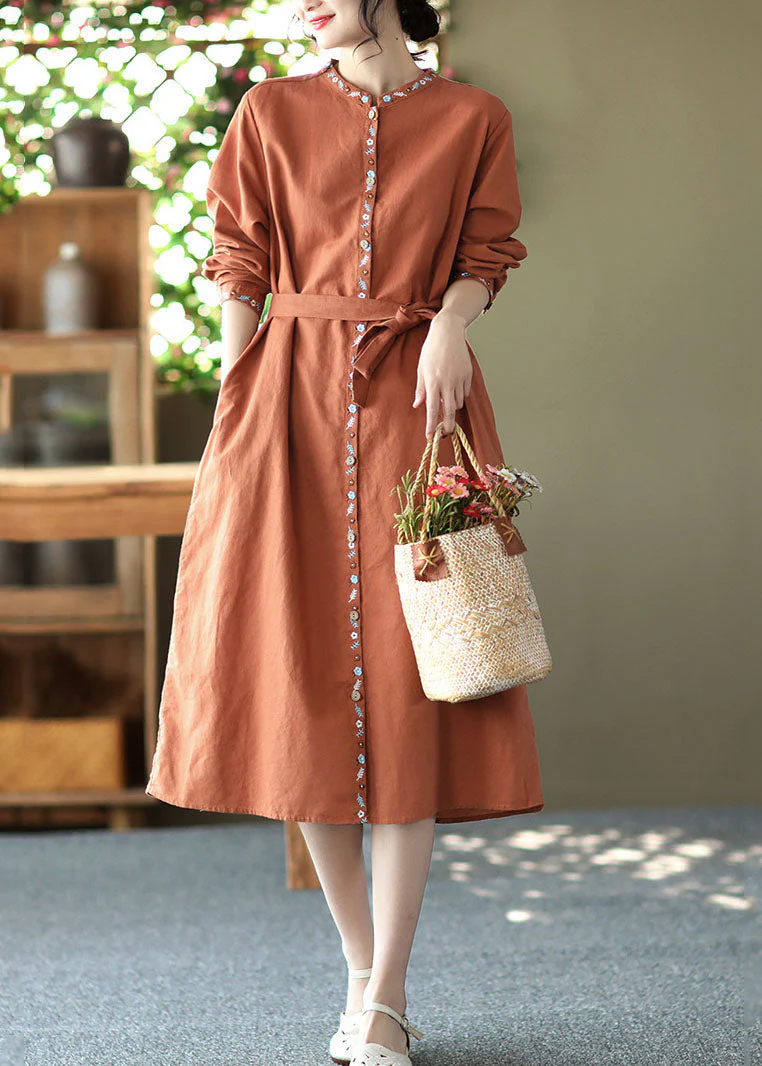 Handmade Orange Stand Collar Embroideried Linen Vacation Dresses Long Sleeve - Image 3
