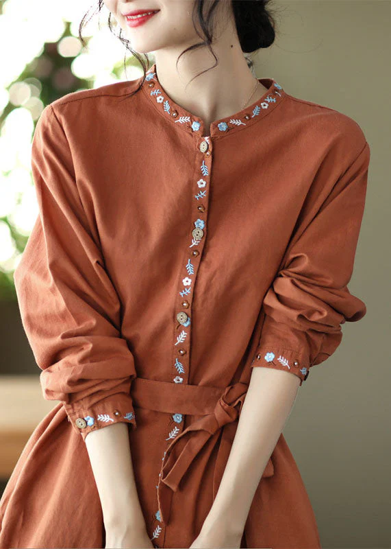 Handmade Orange Stand Collar Embroideried Linen Vacation Dresses Long Sleeve - Image 4