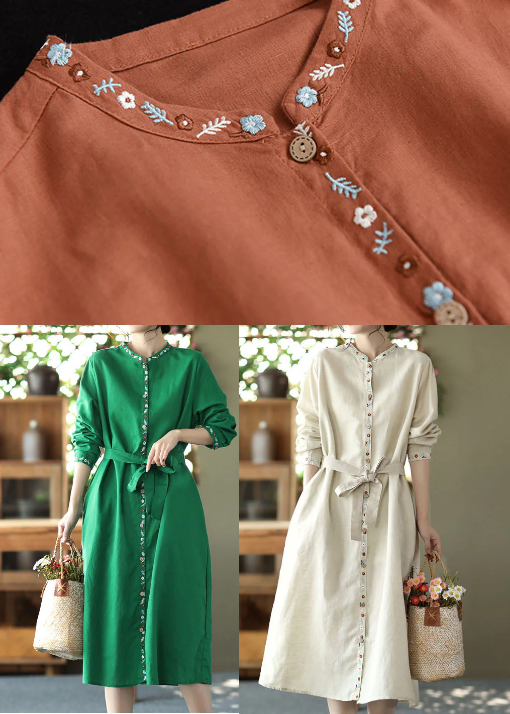 Handmade Orange Stand Collar Embroideried Linen Vacation Dresses Long Sleeve - Image 5