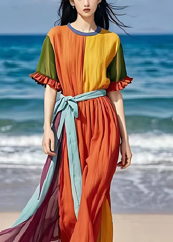 Handmade Orange Tie Waist Patchwork Linen Holiday Dress Summer - Image 2