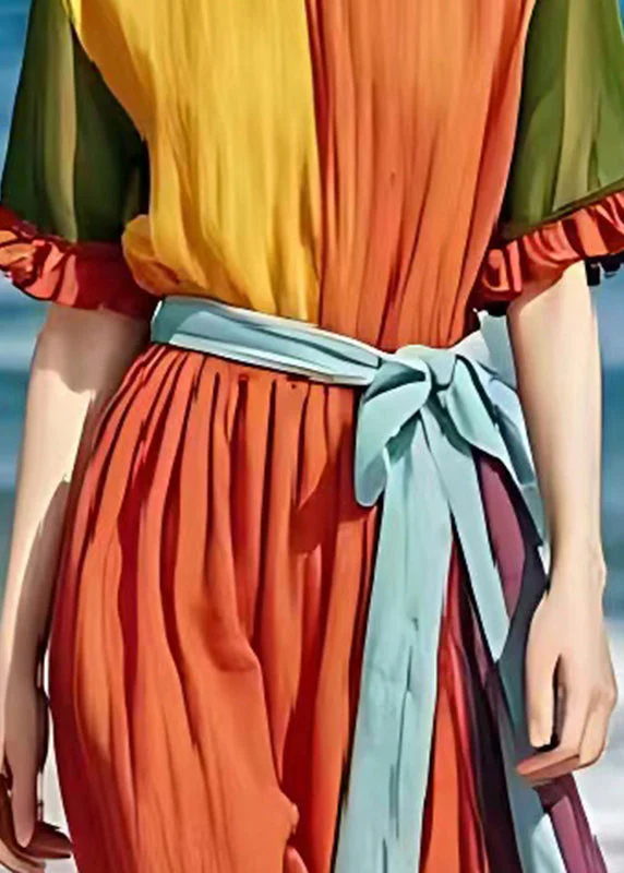 Handmade Orange Tie Waist Patchwork Linen Holiday Dress Summer - Image 4