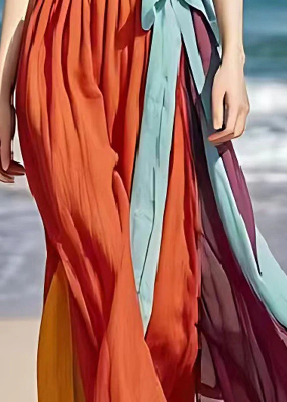 Handmade Orange Tie Waist Patchwork Linen Holiday Dress Summer - Image 5