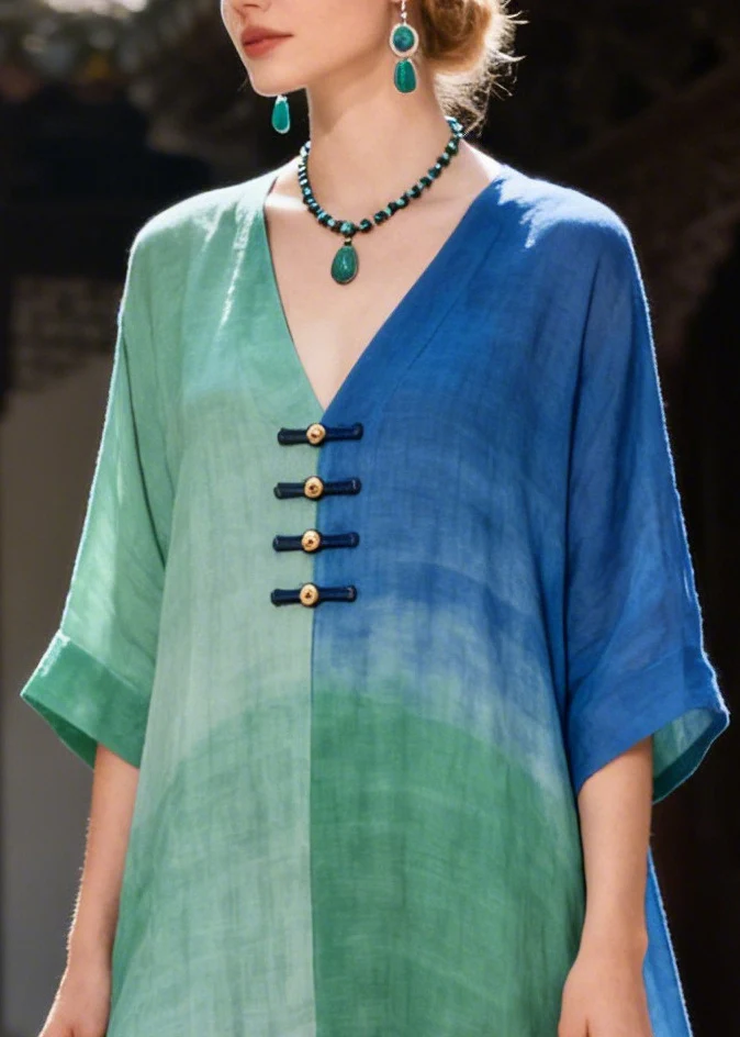 Handmade Oversized Tie Dye Chinese Button Cotton Robe Dresses Summer - Image 2