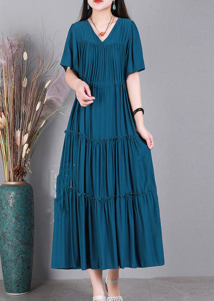 Handmade Peacock Blue V Neck Solid Color Cotton Maxi Dresses Short Sleeve - Image 2