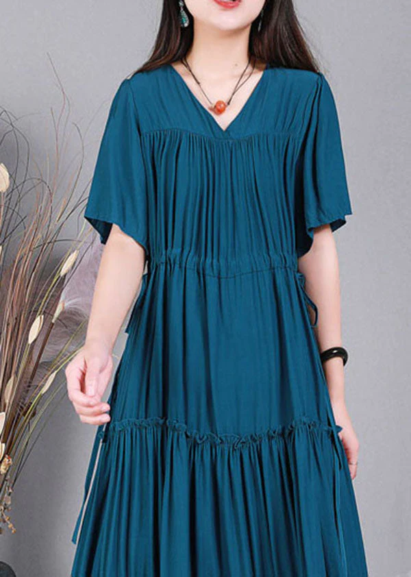 Handmade Peacock Blue V Neck Solid Color Cotton Maxi Dresses Short Sleeve - Image 3