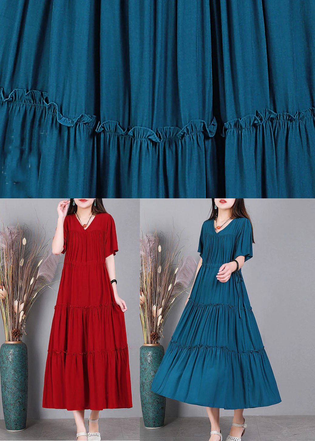 Handmade Peacock Blue V Neck Solid Color Cotton Maxi Dresses Short Sleeve - Image 4