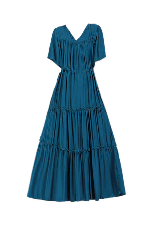 Handmade Peacock Blue V Neck Solid Color Cotton Maxi Dresses Short Sleeve - Image 5