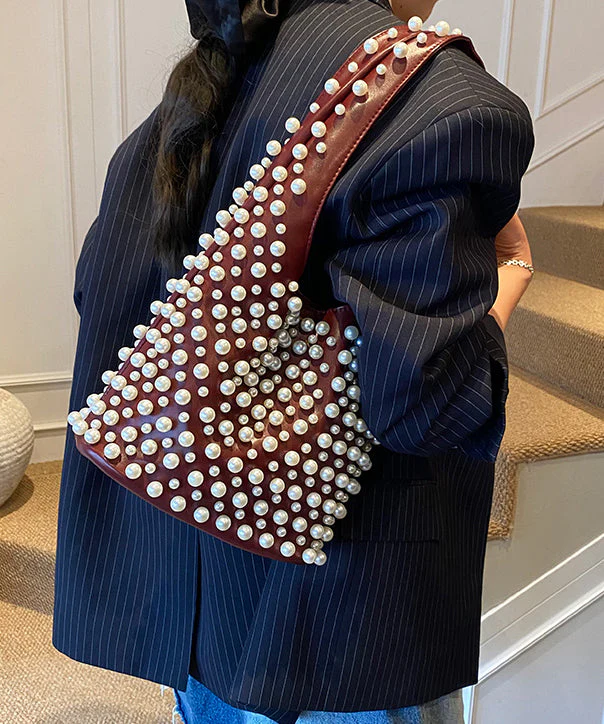 Handmade Pearl Large Capacity Faux Leather Satchel Handbag - Image 3