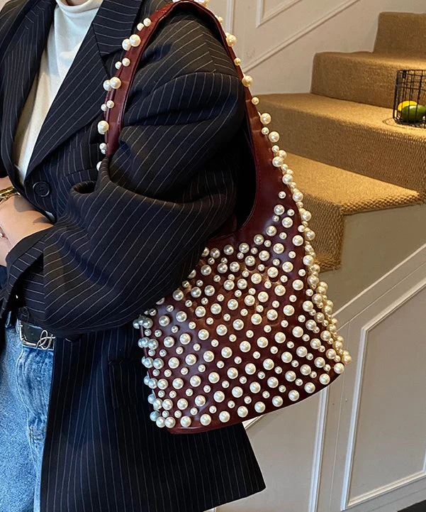 Handmade Pearl Large Capacity Faux Leather Satchel Handbag - Image 4