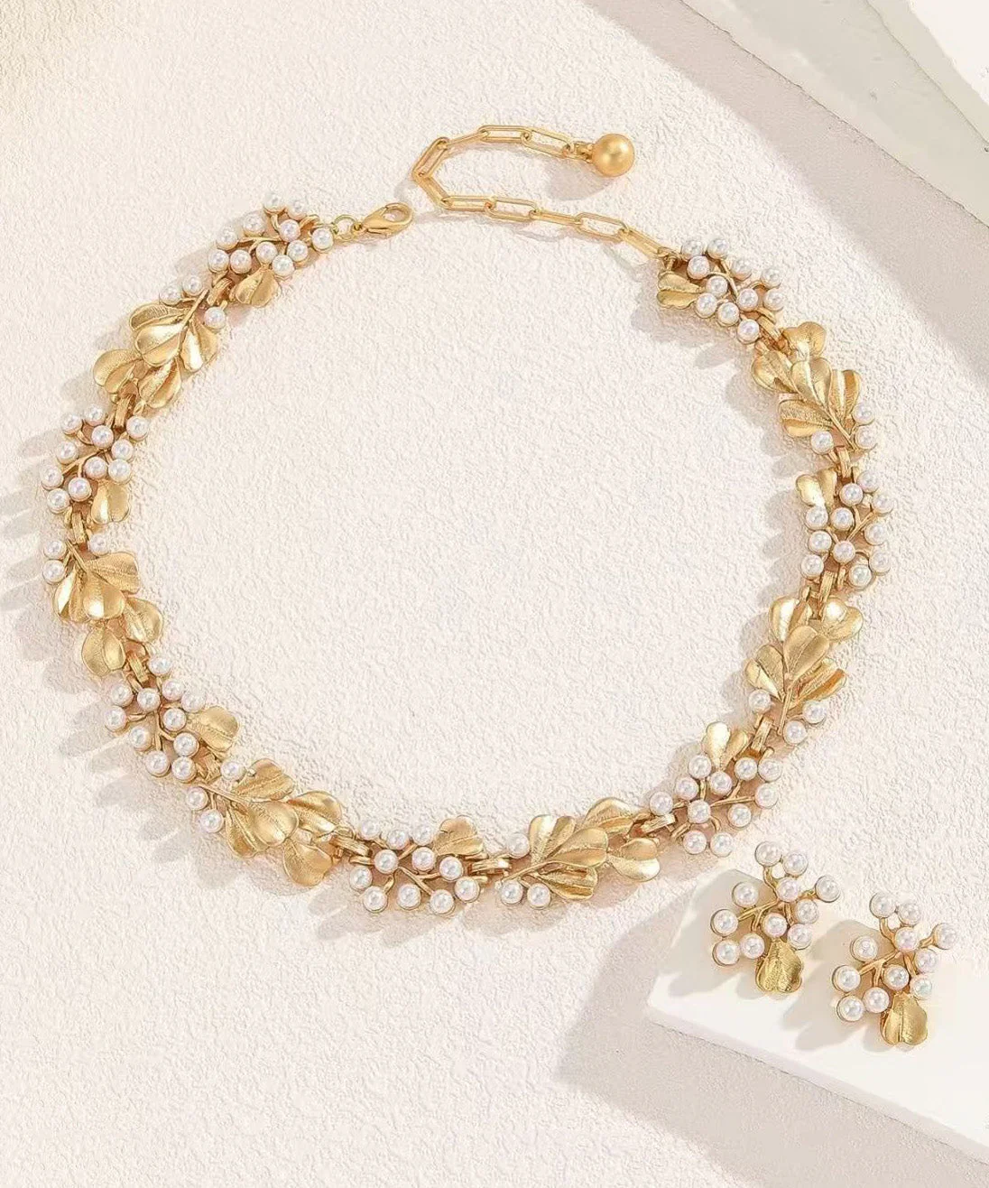 Handmade Pearl Metal Ginkgo Leaf Hollow Necklace Earring Set - Image 3