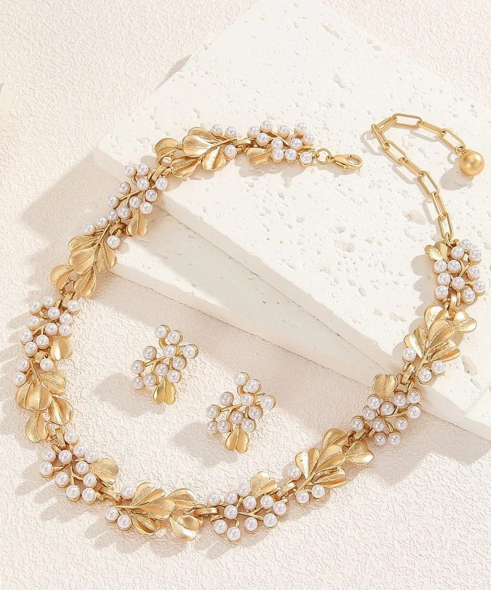 Handmade Pearl Metal Ginkgo Leaf Hollow Necklace Earring Set - Image 5