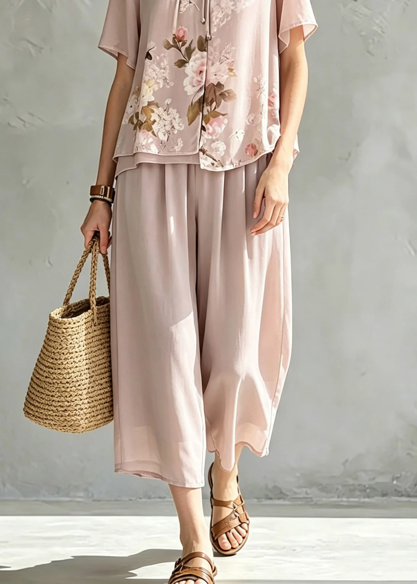 Handmade Pink Asymmetrical Print Chiffon T Shirt And Cop Pants Short Sleeve - Image 4