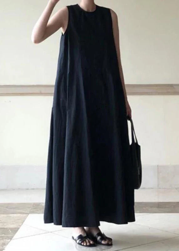 Handmade Pink geometry linen dresses o neck sleeveless cotton robes summer Dresses - Image 2