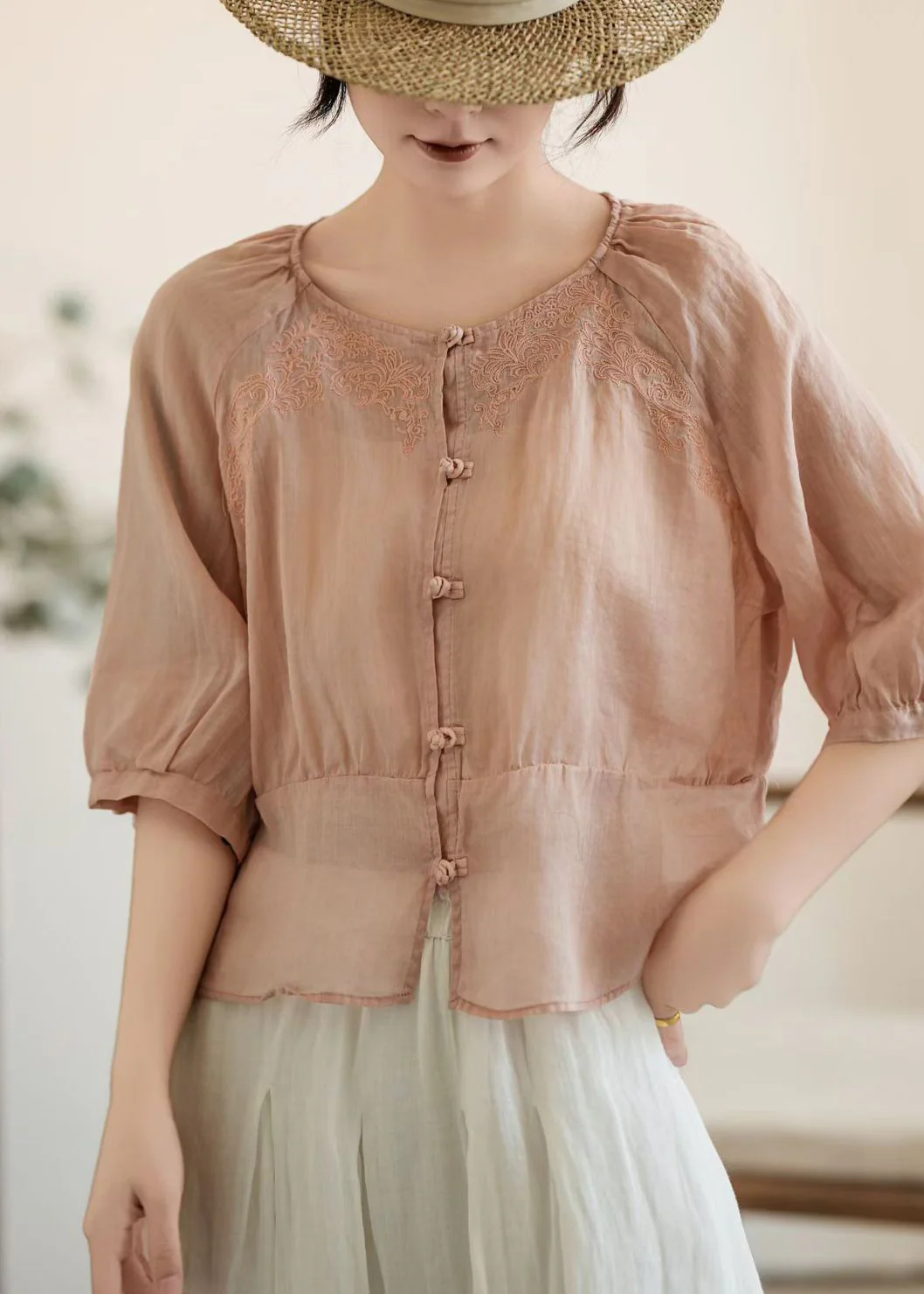 Handmade Pink O-Neck Embroidered Linen Shirt Tops Summer - Image 2