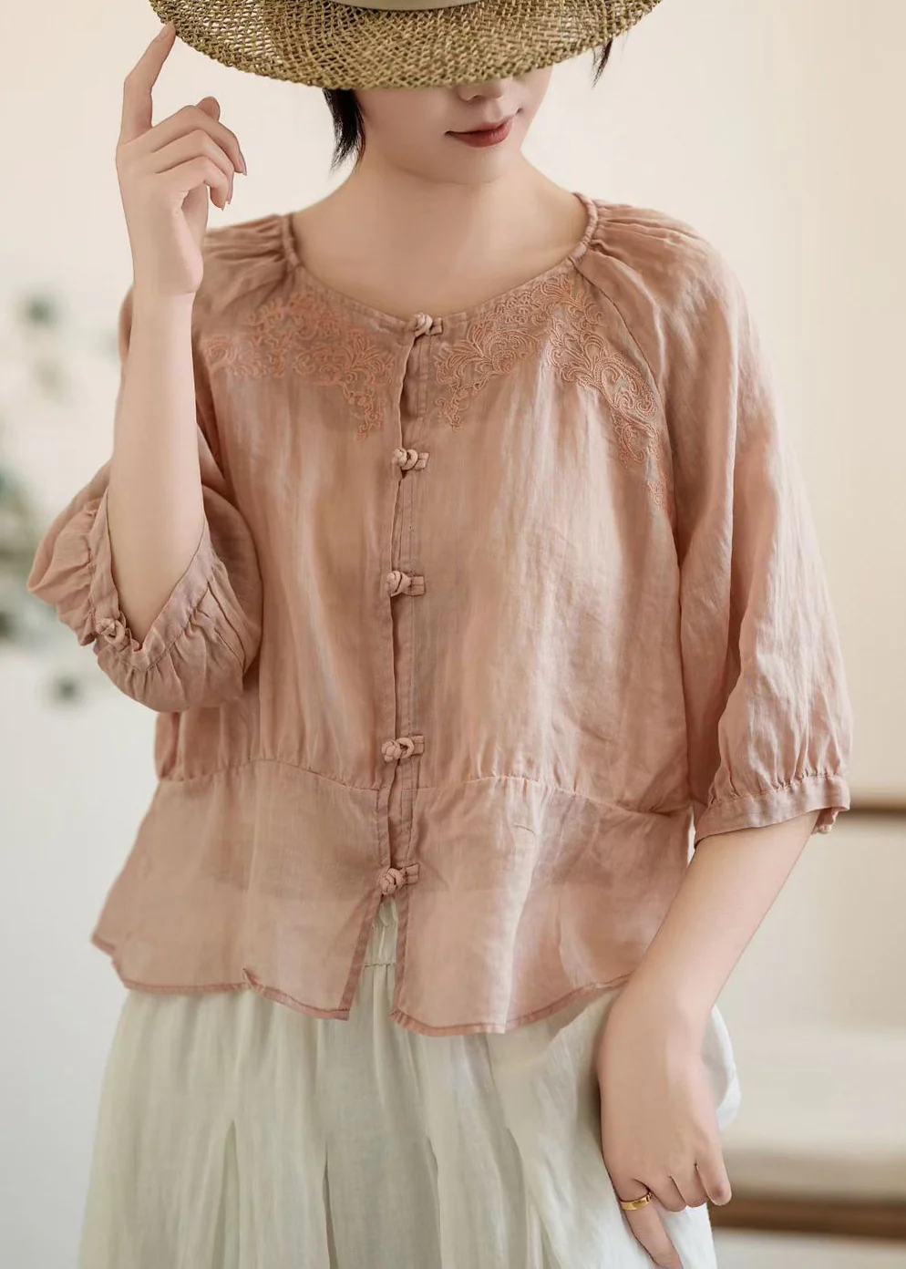 Handmade Pink O-Neck Embroidered Linen Shirt Tops Summer - Image 3