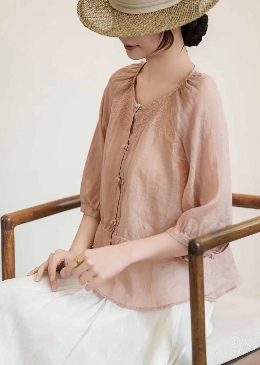 Handmade Pink O-Neck Embroidered Linen Shirt Tops Summer - Image 4