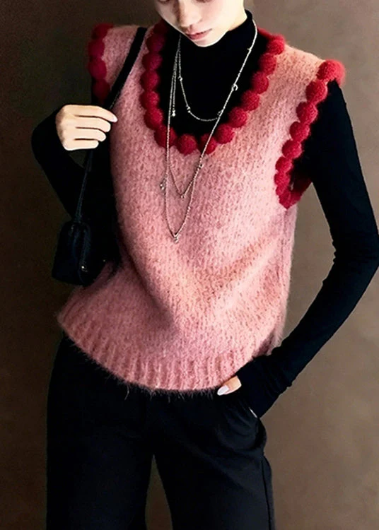Handmade Pink Oversized Fuzzy Ball Decorated Knitted Vests Winter - Image 3