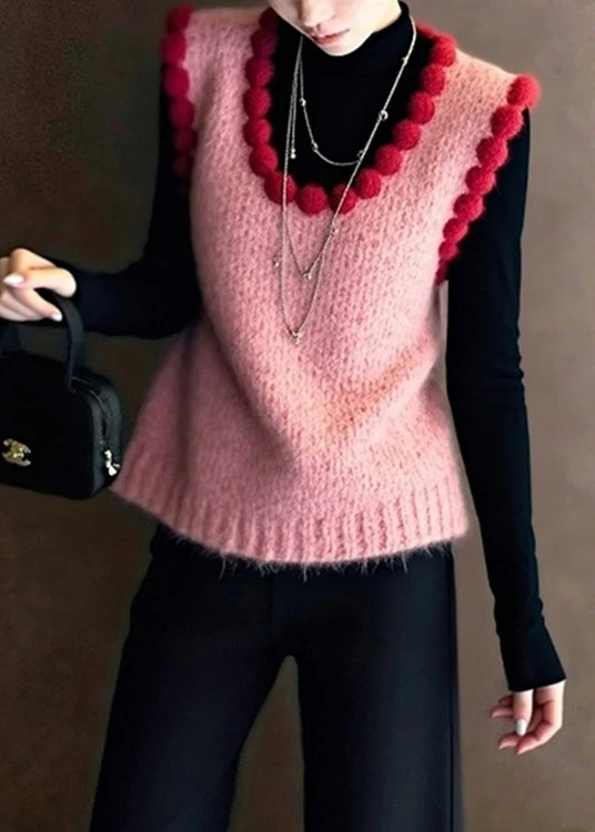 Handmade Pink Oversized Fuzzy Ball Decorated Knitted Vests Winter - Image 4