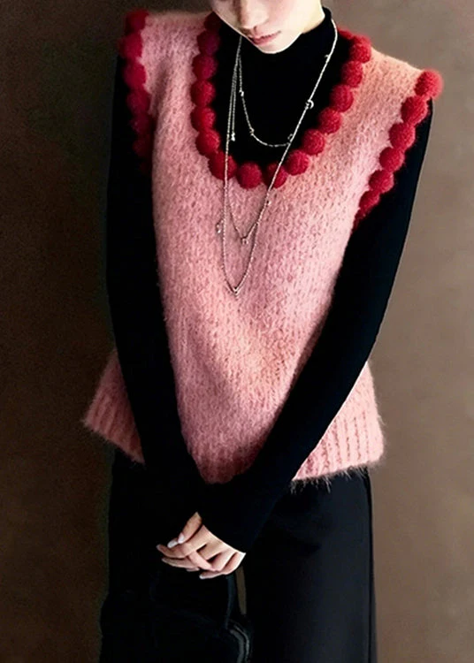 Handmade Pink Oversized Fuzzy Ball Decorated Knitted Vests Winter - Image 5