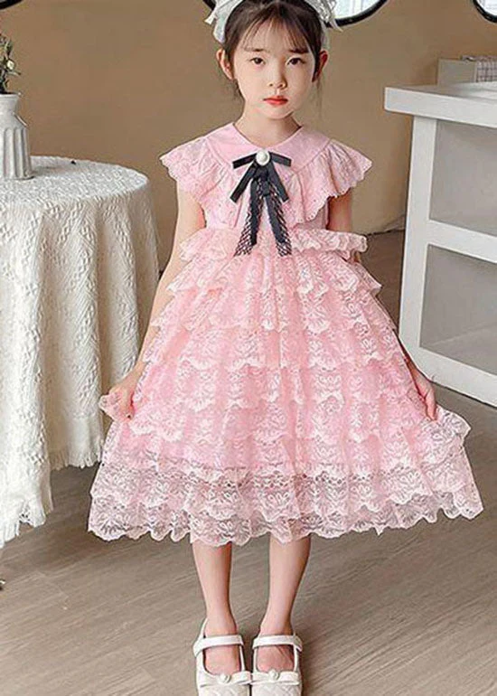 Handmade Pink Ruffled Layered Patchwork Lace Kids Girls Dress Summer - Image 3