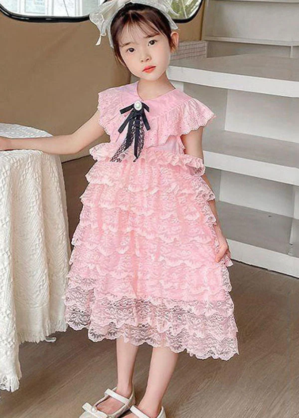 Handmade Pink Ruffled Layered Patchwork Lace Kids Girls Dress Summer - Image 4