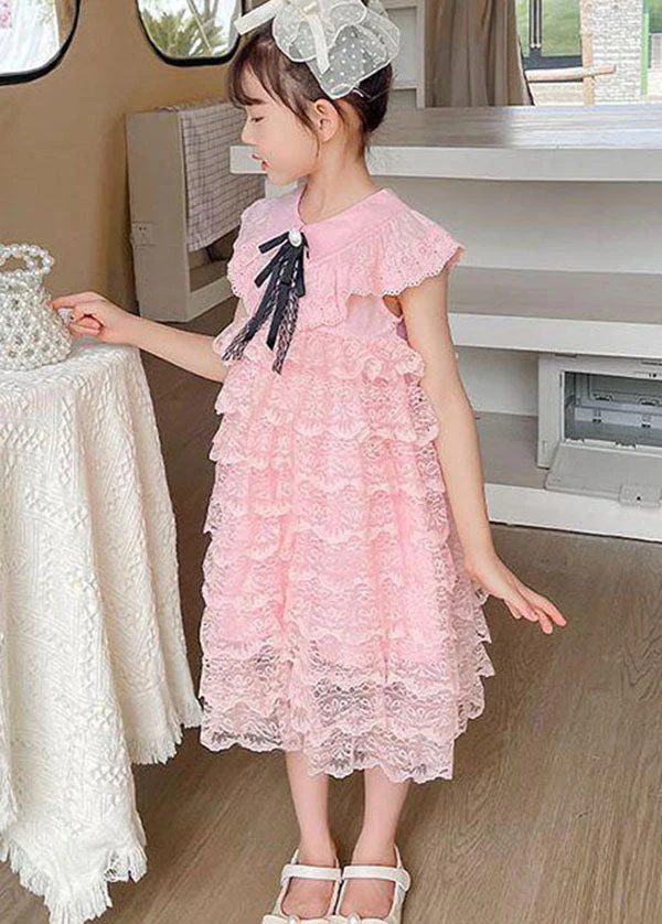 Handmade Pink Ruffled Layered Patchwork Lace Kids Girls Dress Summer - Image 5