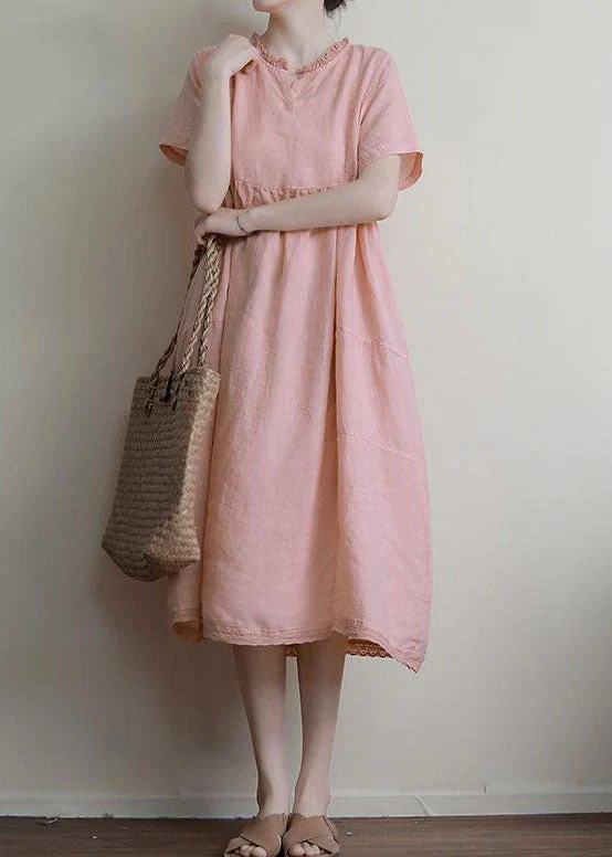 Handmade Pink Ruffled Patchwork Linen Dress Summer - Image 2