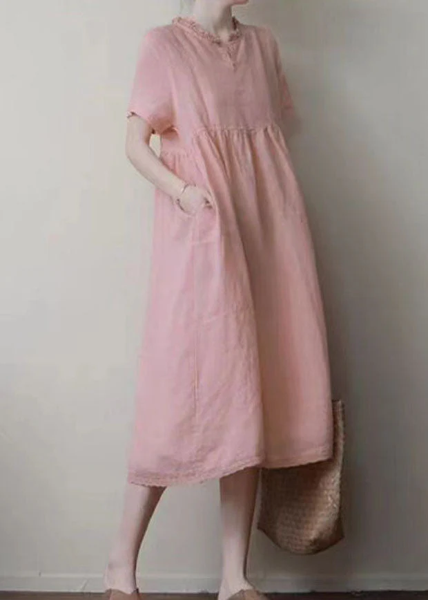 Handmade Pink Ruffled Patchwork Linen Dress Summer - Image 3