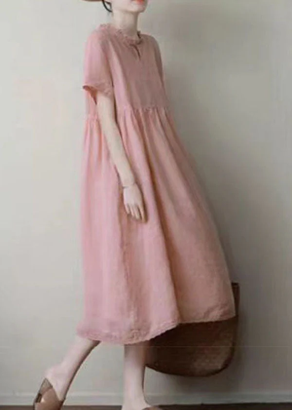 Handmade Pink Ruffled Patchwork Linen Dress Summer - Image 4