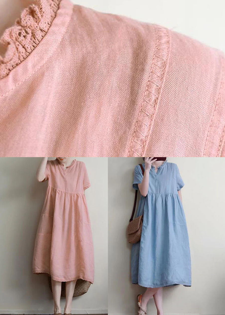 Handmade Pink Ruffled Patchwork Linen Dress Summer - Image 5