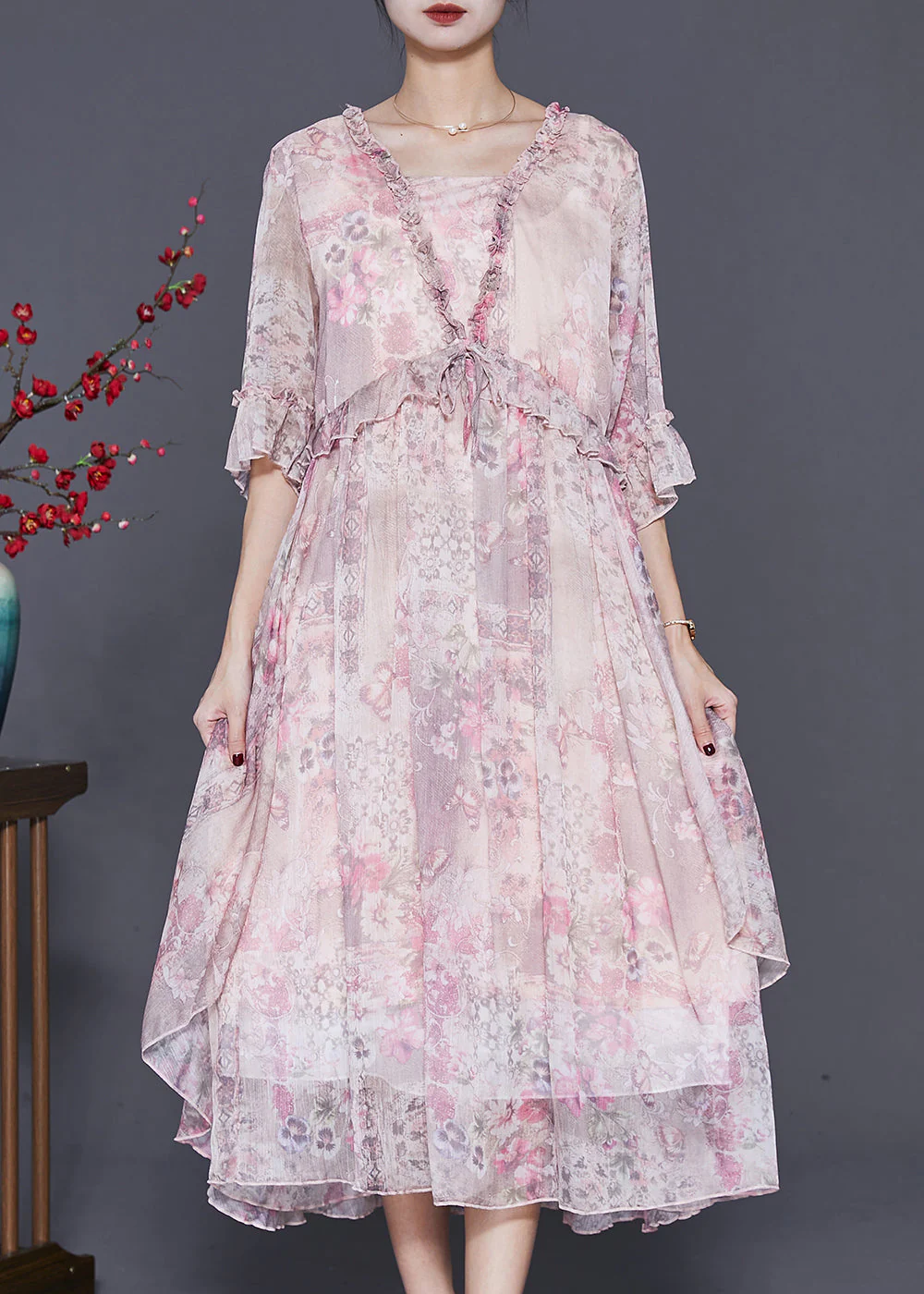 Handmade Pink Ruffled Print Chiffon Holiday Dress Spring - Image 2