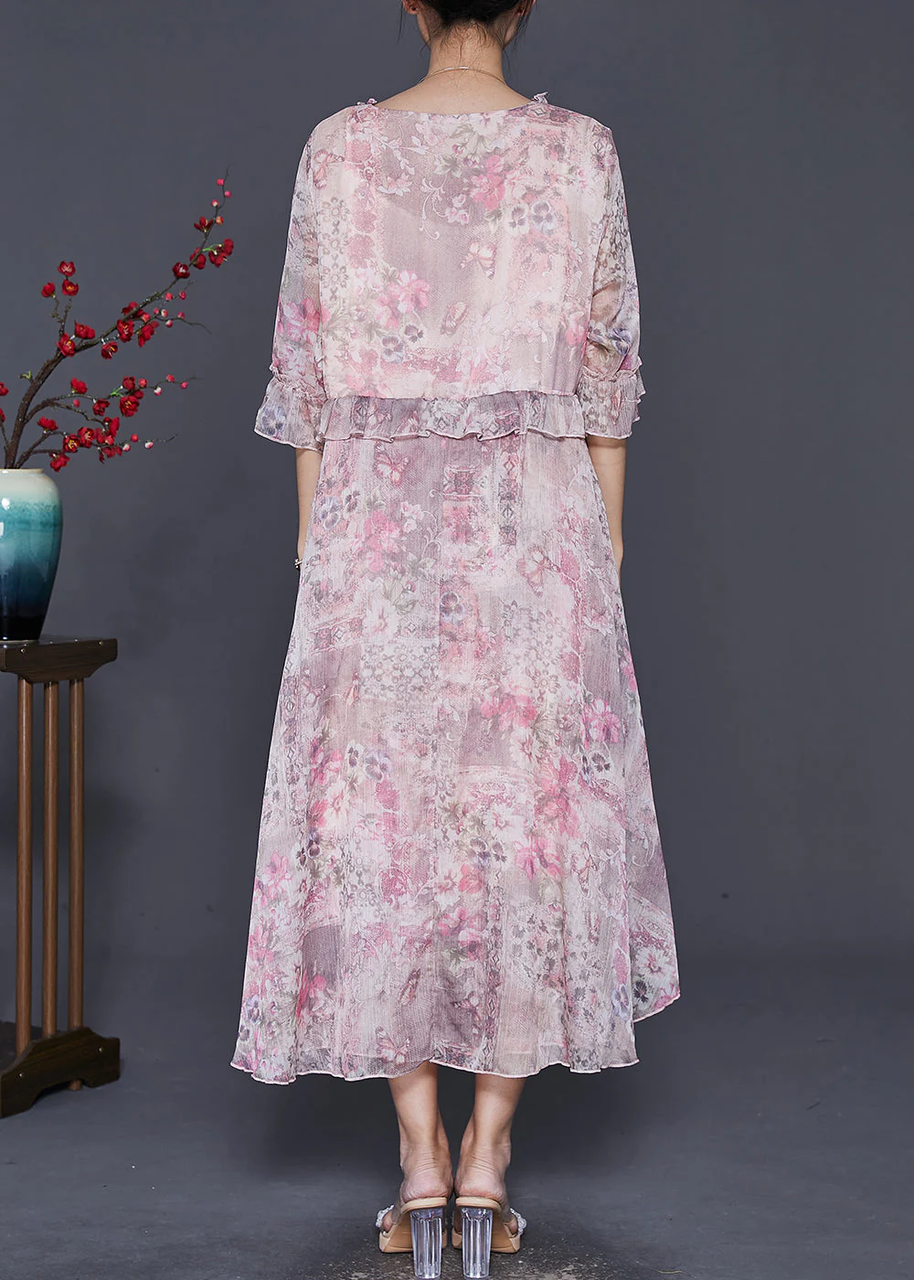 Handmade Pink Ruffled Print Chiffon Holiday Dress Spring - Image 4