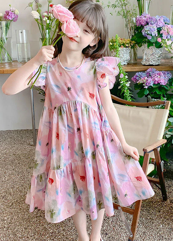 Handmade Pink Ruffled Print Patchwork Cotton Kids Girls Dresses Summer - Image 2