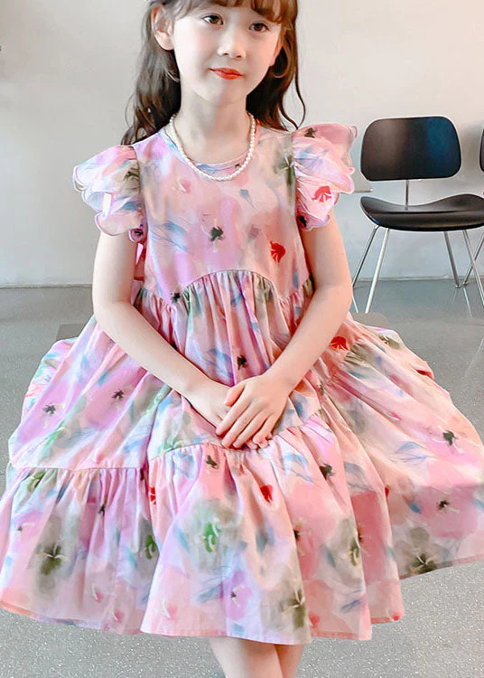 Handmade Pink Ruffled Print Patchwork Cotton Kids Girls Dresses Summer - Image 3
