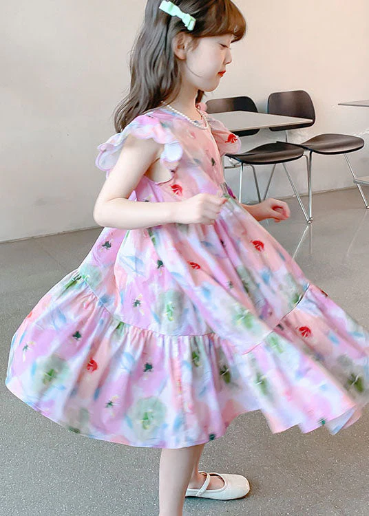 Handmade Pink Ruffled Print Patchwork Cotton Kids Girls Dresses Summer - Image 4