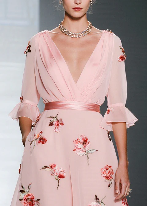 Handmade Pink V Neck Floral Chiffon Party Dresses Flare Sleeve - Image 2