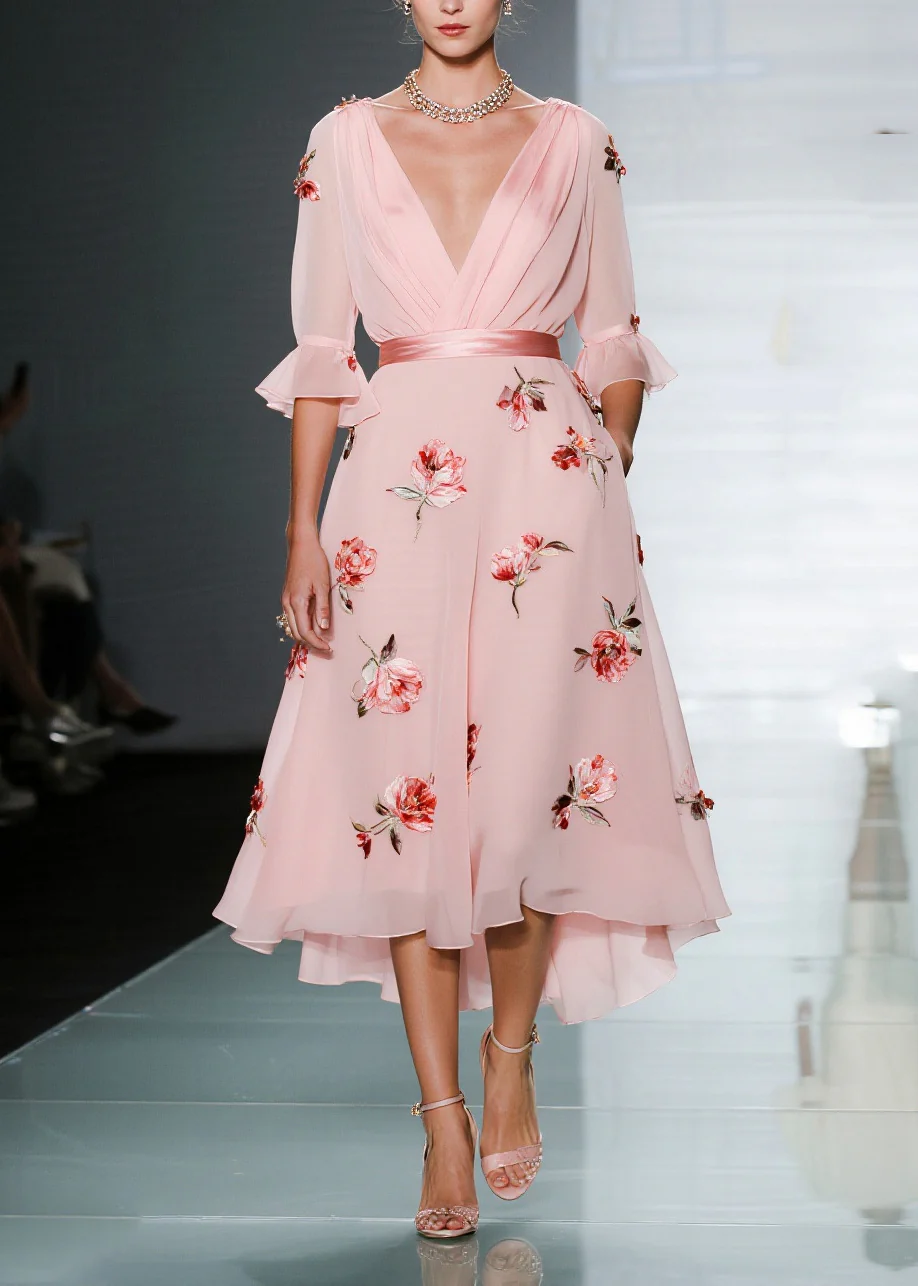 Handmade Pink V Neck Floral Chiffon Party Dresses Flare Sleeve - Image 3