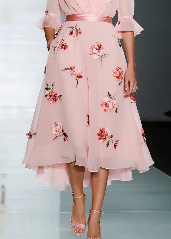 Handmade Pink V Neck Floral Chiffon Party Dresses Flare Sleeve - Image 4